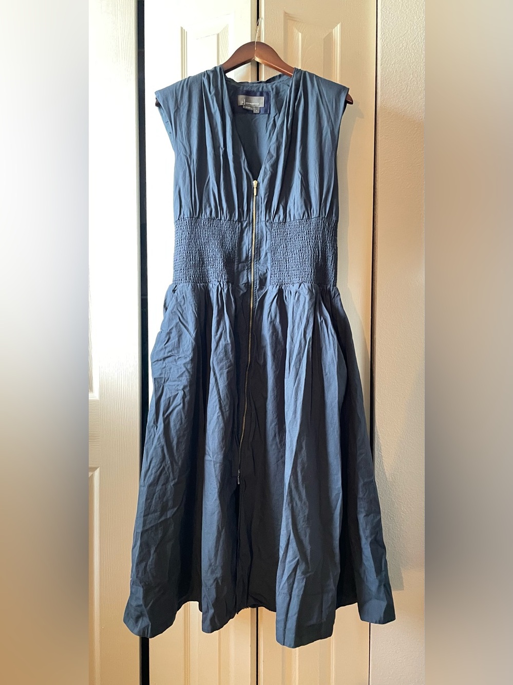 Anthropologie Slate Blue Zip-Front Smocked Maxi Dress